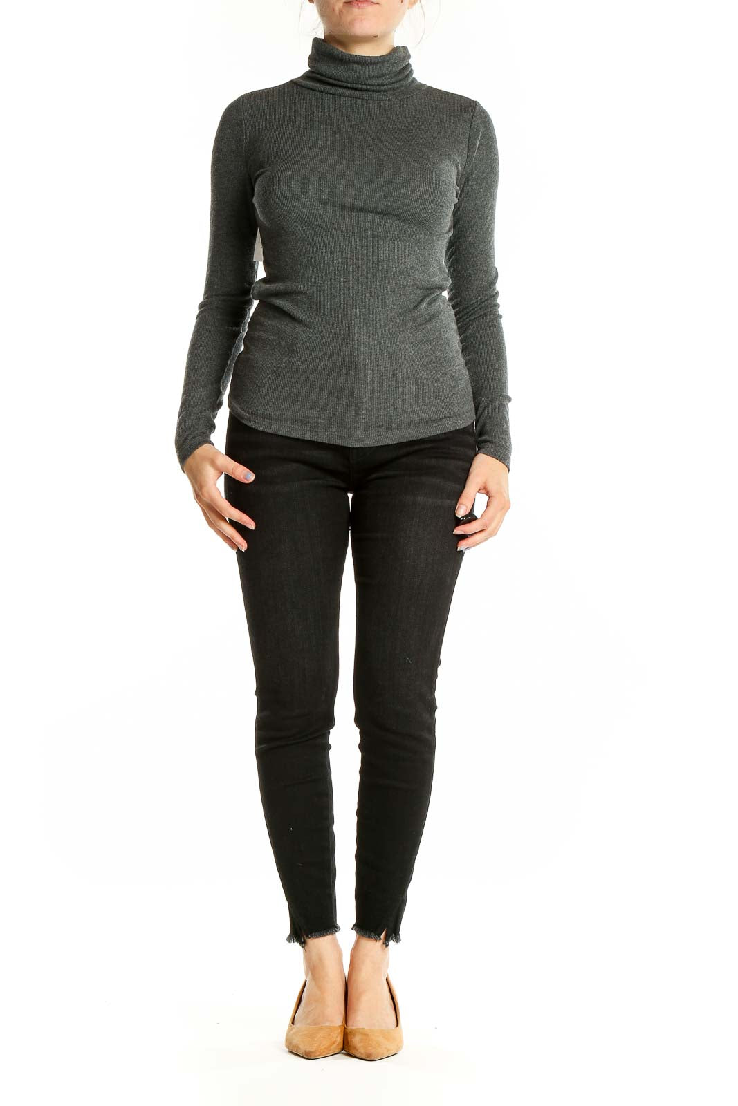 Front view of LOFT charcoal ribbed turtleneck sweater on model