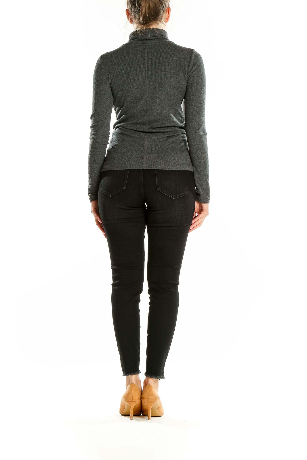 Back view of LOFT charcoal ribbed turtleneck sweater on model