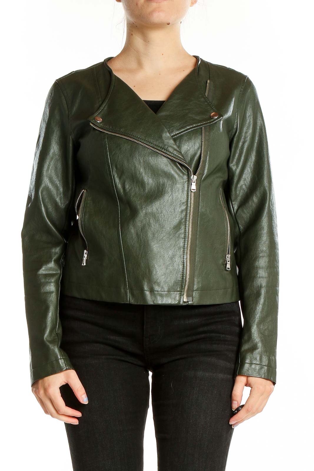 Front view of olive green faux leather moto jacket from LOFT