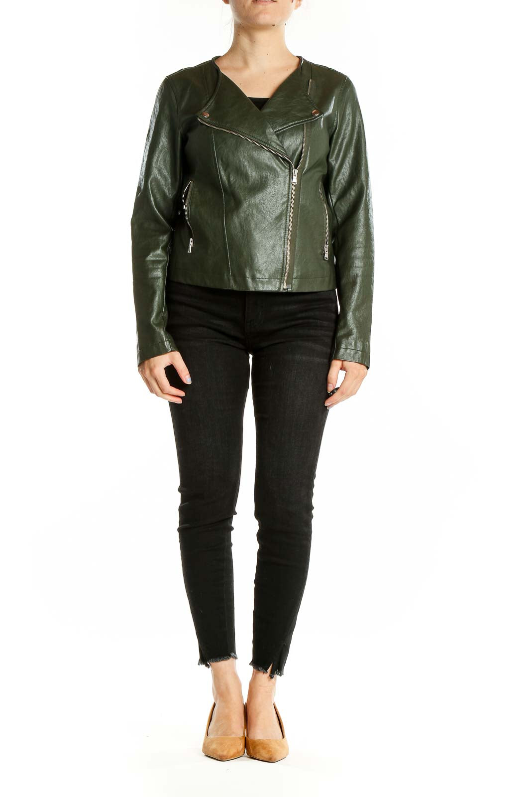 Front view of olive green faux leather moto jacket from LOFT