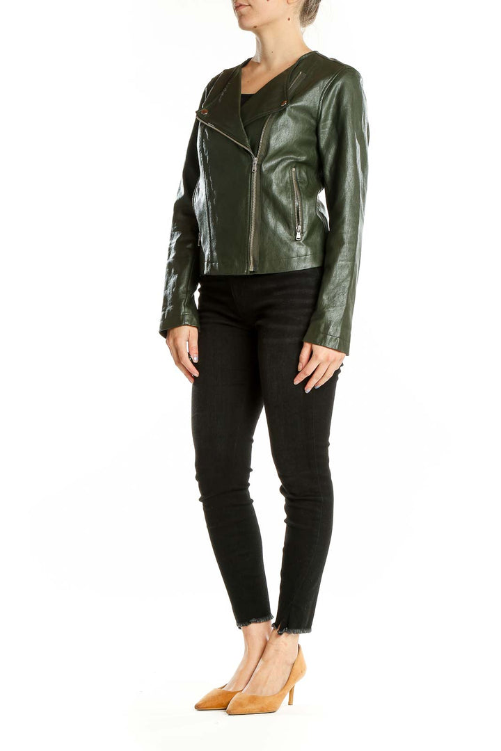 Front view of olive green faux leather moto jacket from LOFT