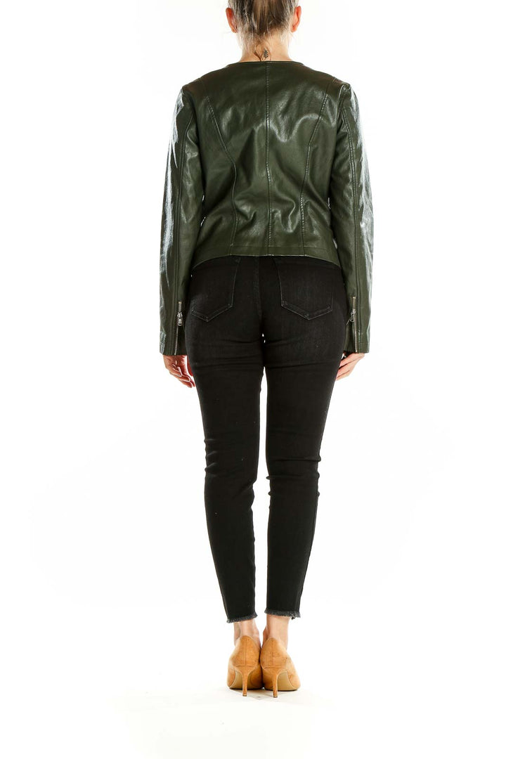 Back view of olive green faux leather moto jacket from LOFT