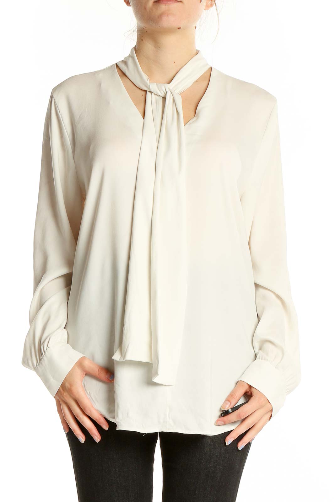 Front view of ivory Ann Taylor tie-neck blouse with long sleeves