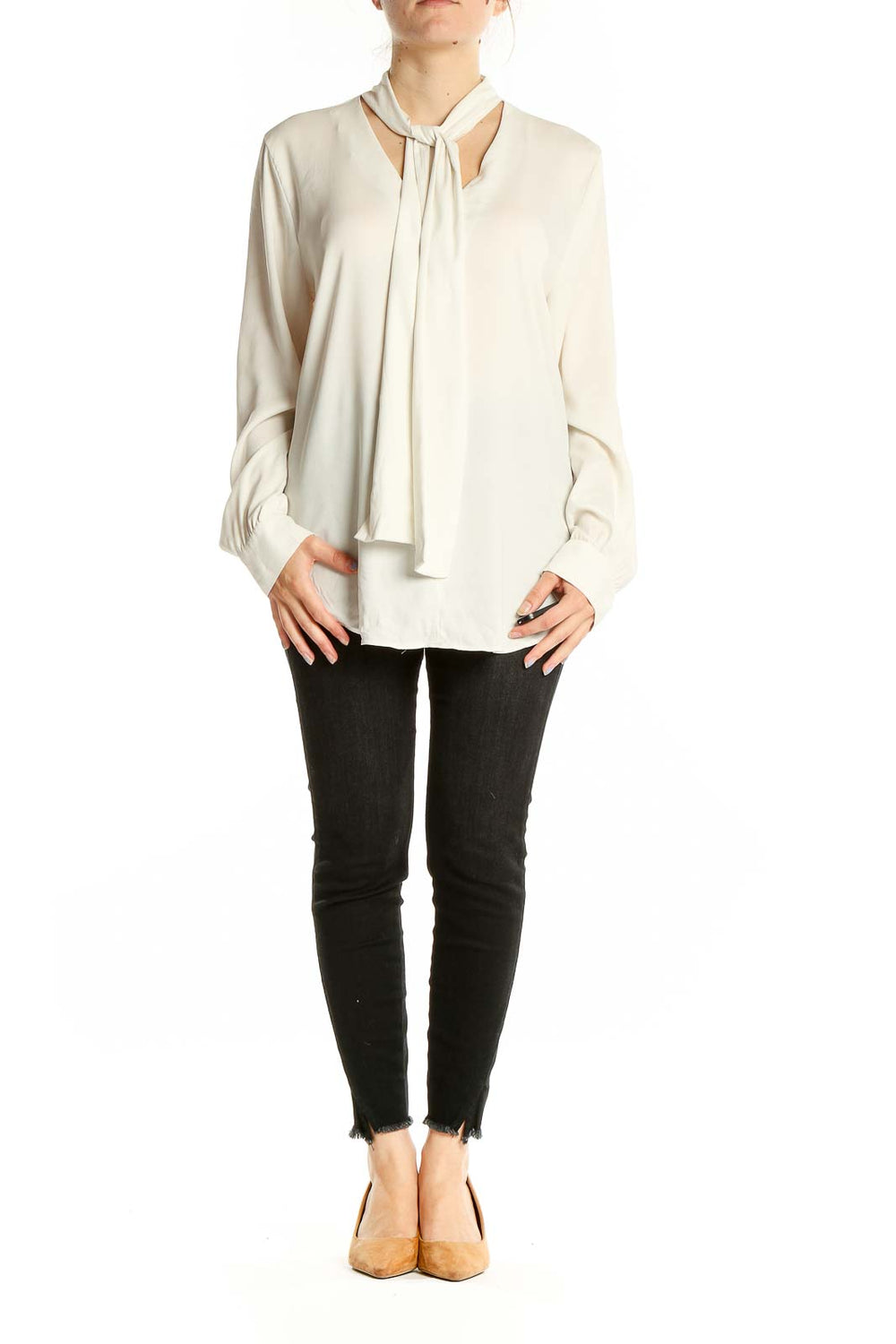 Front view of ivory Ann Taylor tie-neck blouse with long sleeves