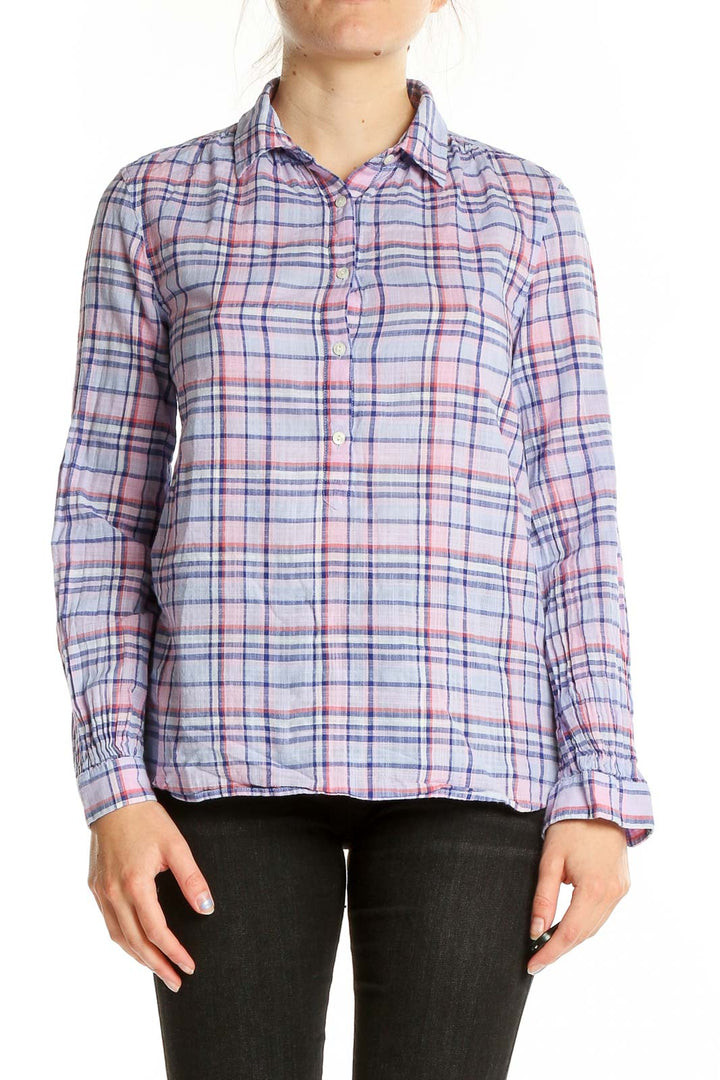 Front view of J.Crew pink and purple plaid cotton shirt