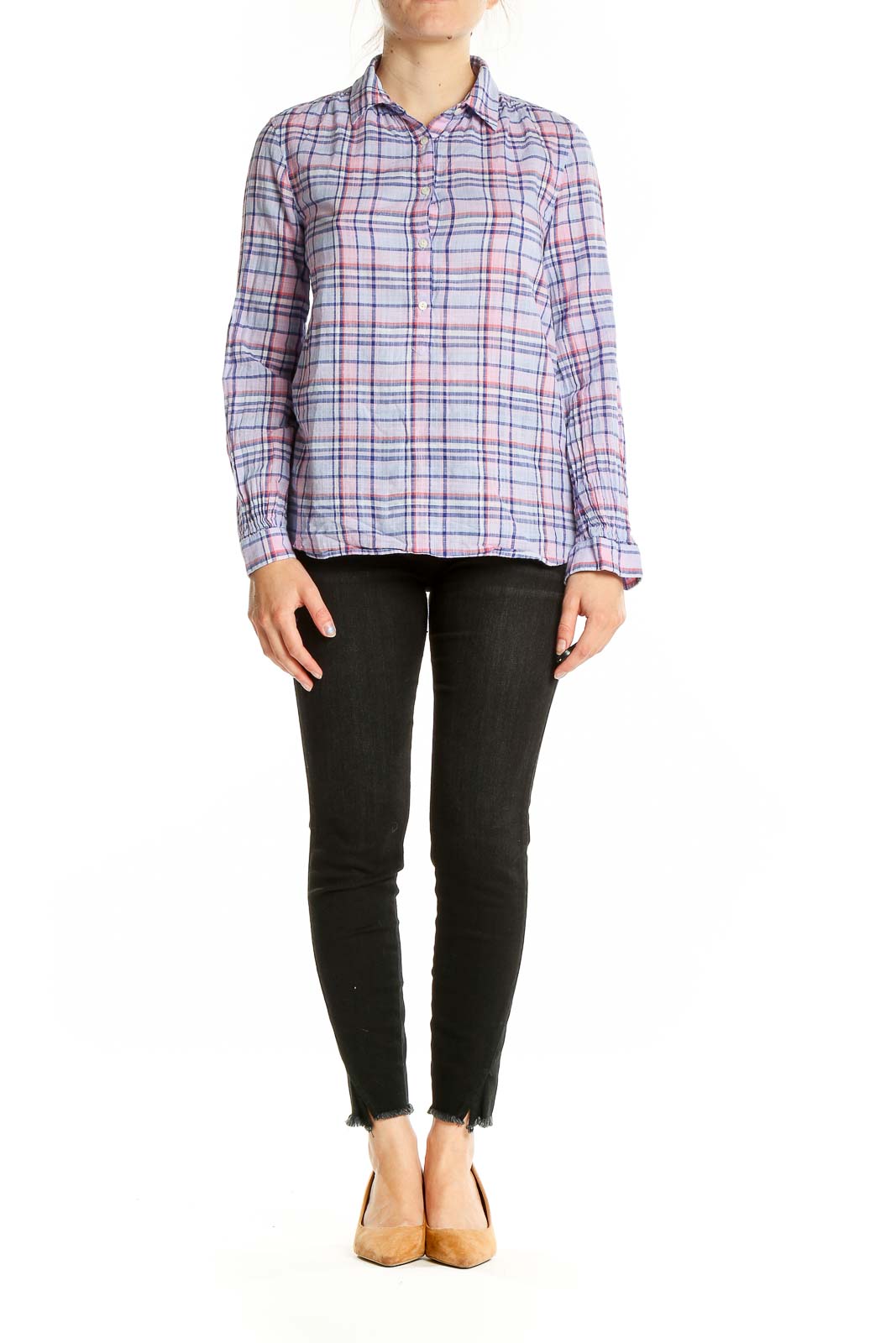 Front view of J.Crew pink and purple plaid cotton shirt