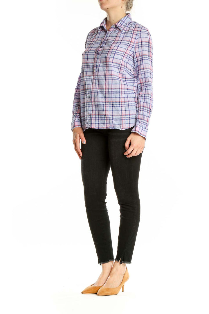 Front view of J.Crew pink and purple plaid cotton shirt