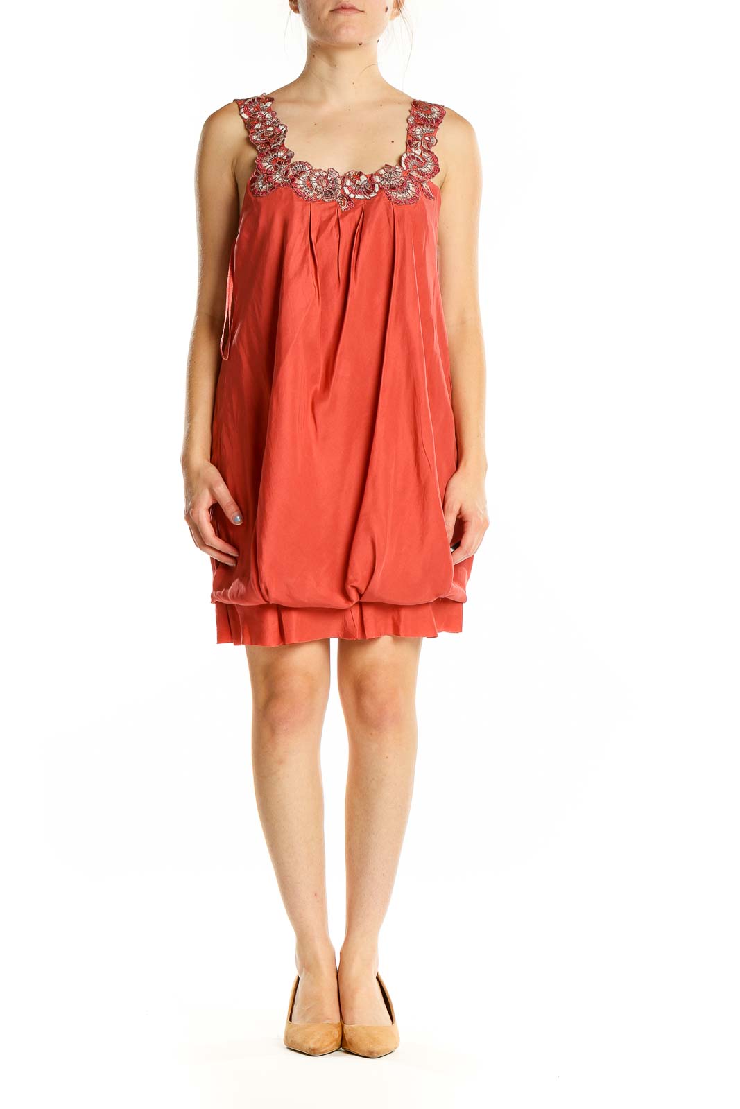 Orange Sleeveless Silk Embroidered Dress