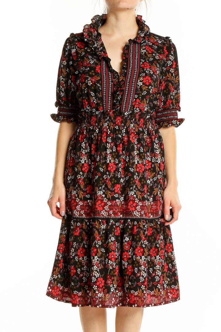 Black Red Flare Floral Print Dress