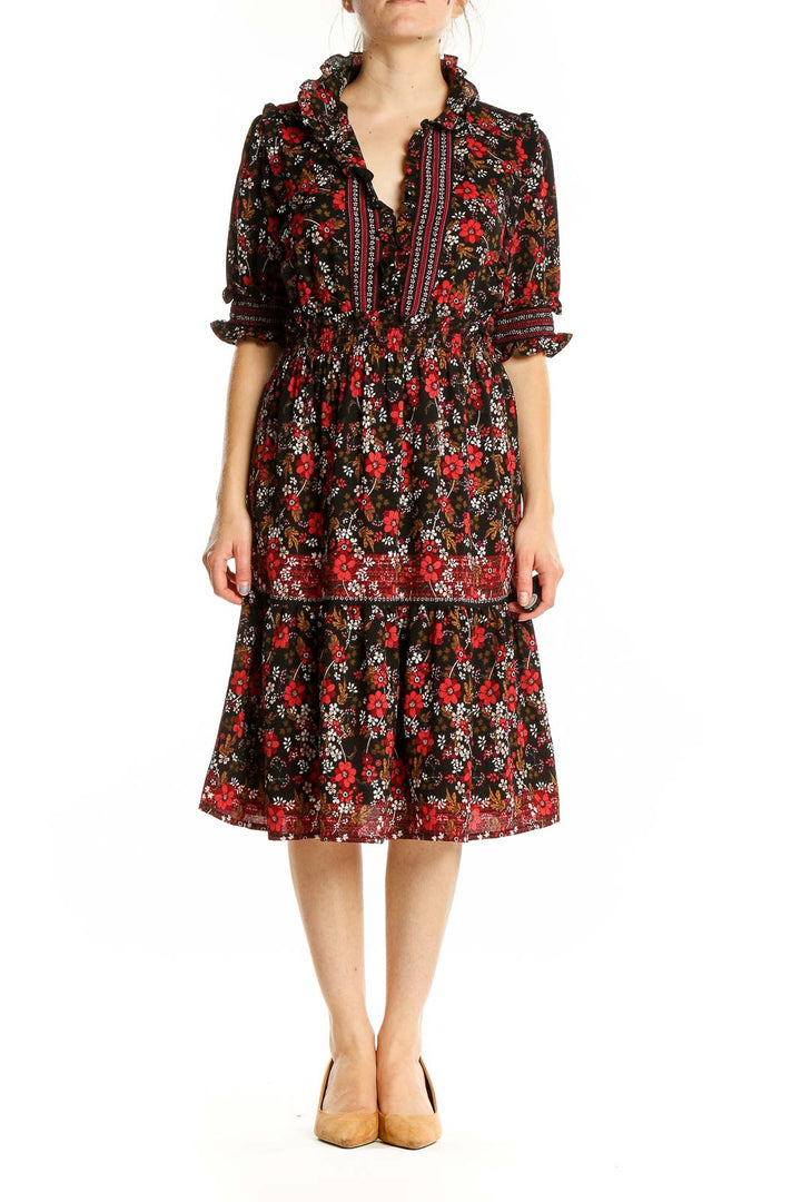 Black Red Flare Floral Print Dress