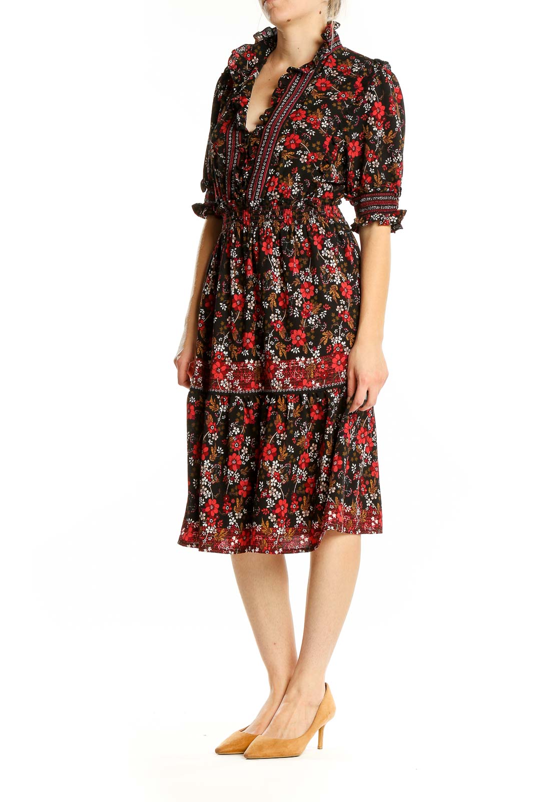 Black Red Flare Floral Print Dress