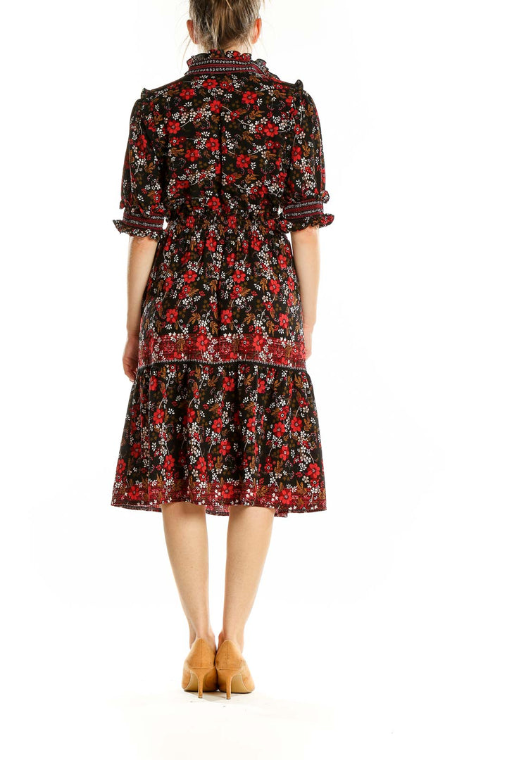 Black Red Flare Floral Print Dress