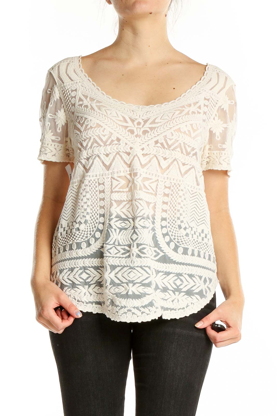 Front view of Meadow Rue white lace overlay top with geometric pattern