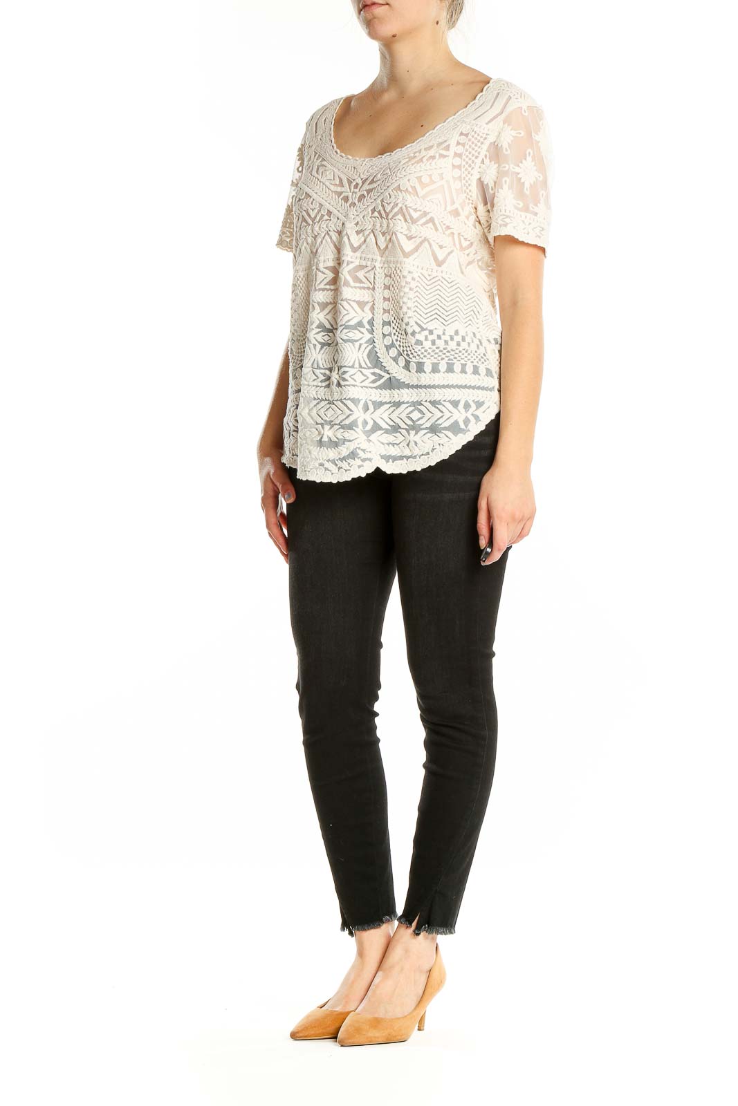 Front view of Meadow Rue white lace overlay top with geometric pattern