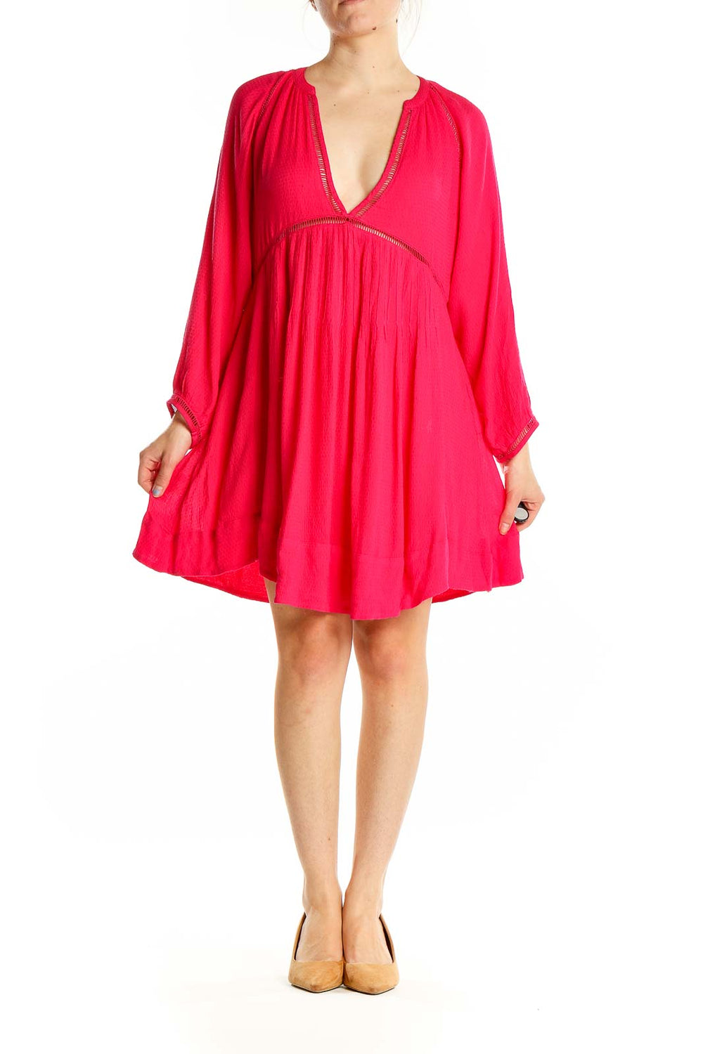 Front view of red flowy Free People boho mini dress with V-neckline