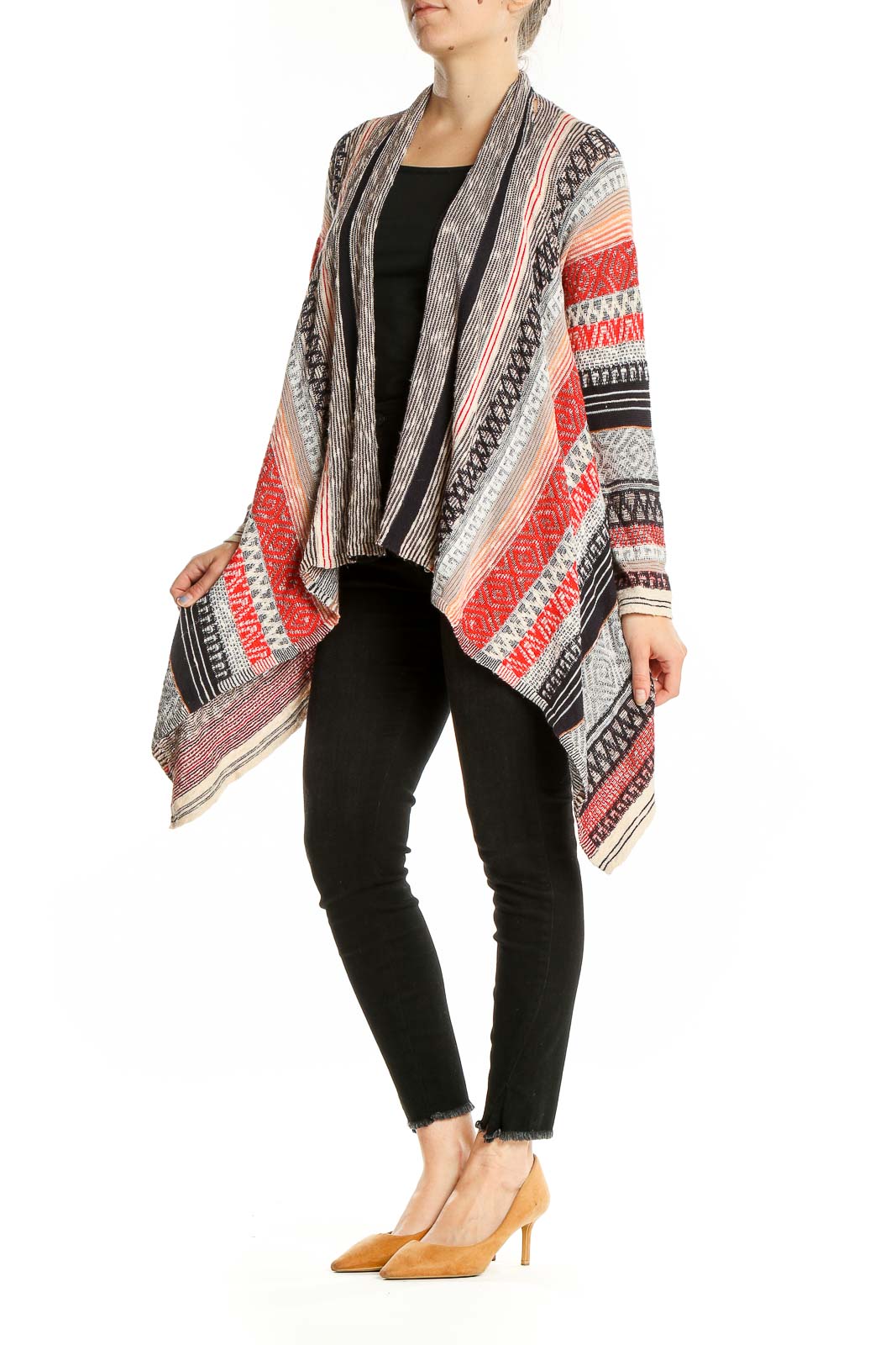 Front view of NIC + ZOE Red Striped Open Front Cardigan showing unique pattern blend