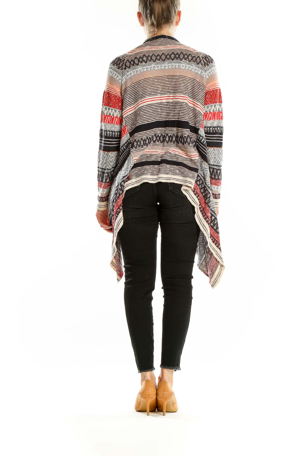 Back view of NIC + ZOE Red Striped Open Front Cardigan displaying asymmetrical hemline