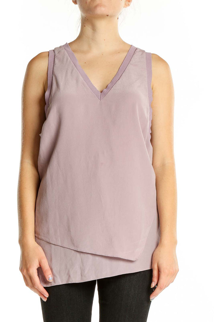 Front view of lavender Trouve sleeveless V-neck top with asymmetrical hem