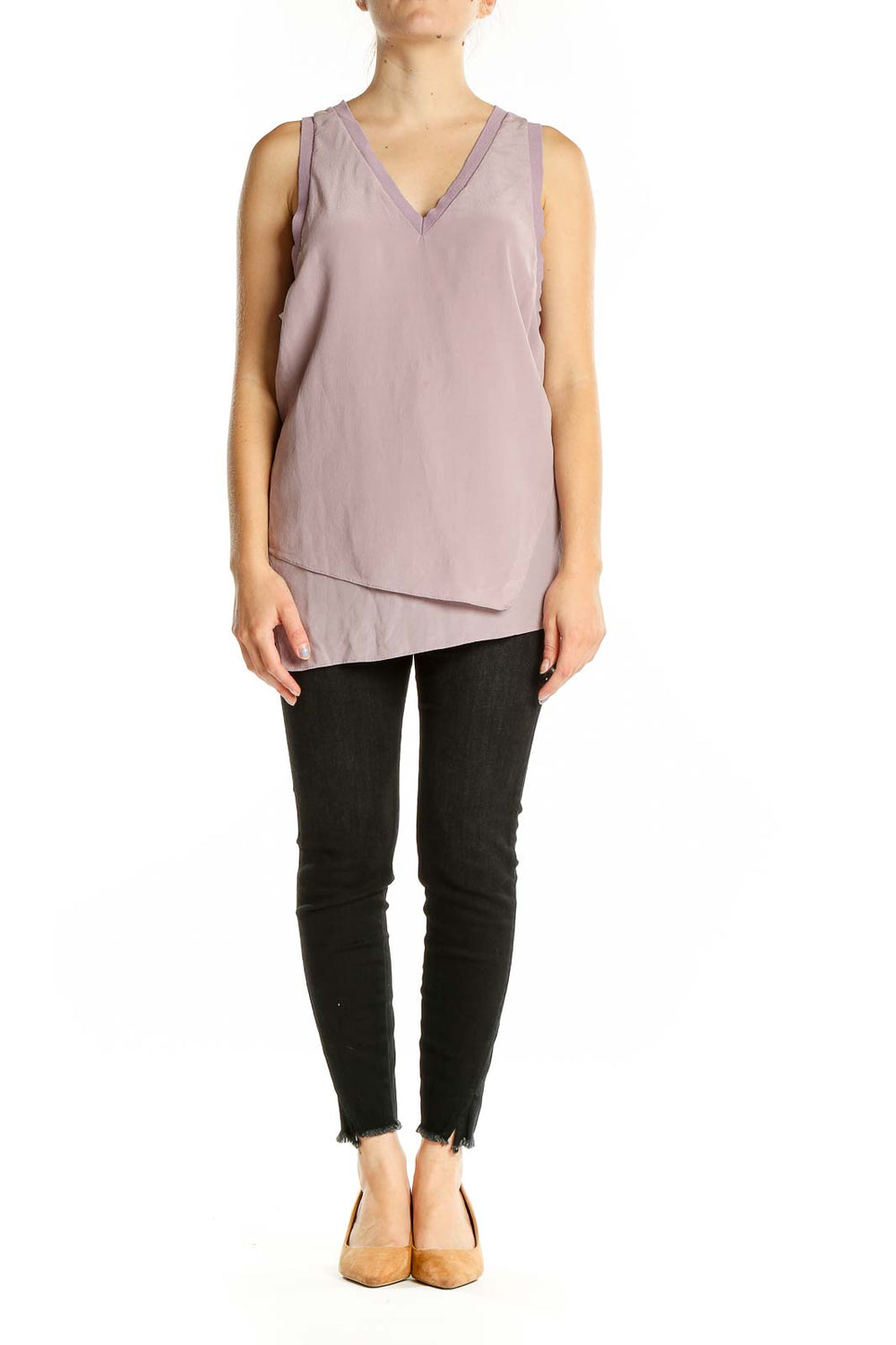 Front view of lavender Trouve sleeveless V-neck top with asymmetrical hem