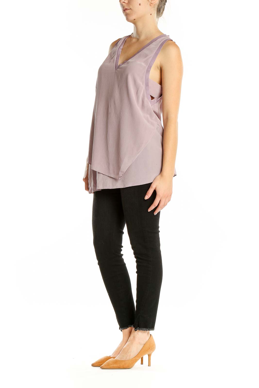 Front view of lavender Trouve sleeveless V-neck top with asymmetrical hem