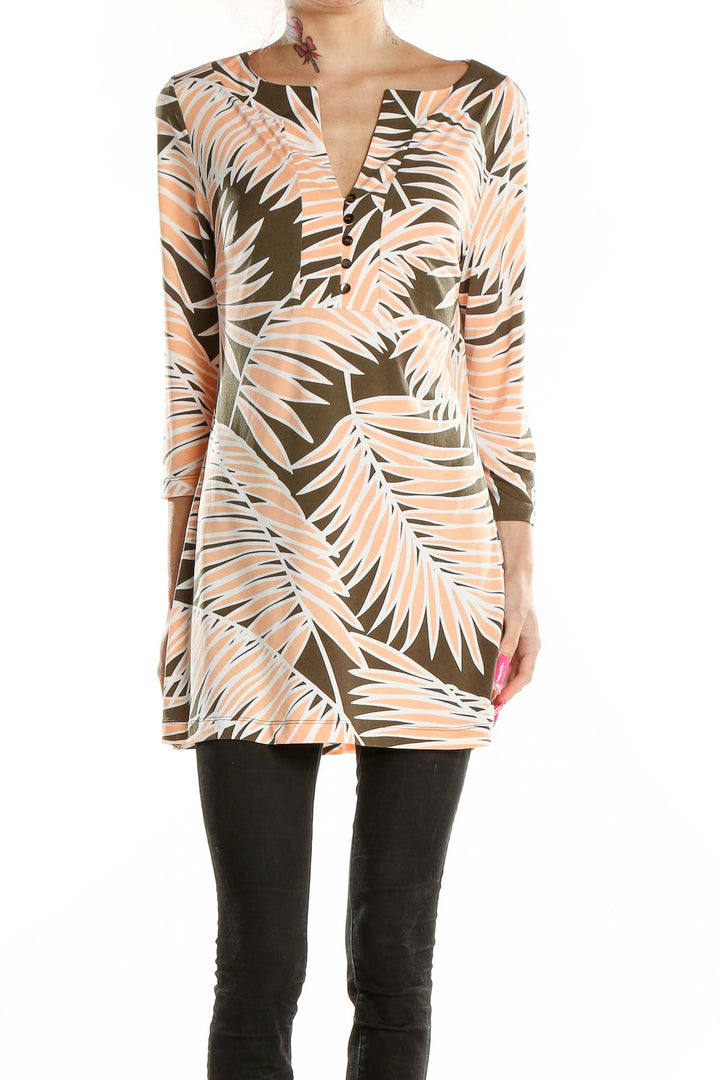 Brown Pink Split Neck Tropical Print Tunic Dress