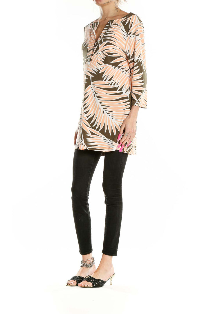 Brown Pink Split Neck Tropical Print Tunic Dress