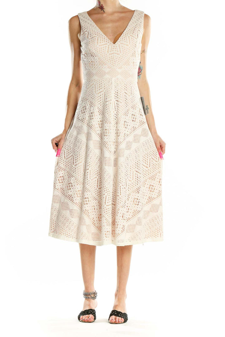 White Pink Flare Lace Classic Midi Dress