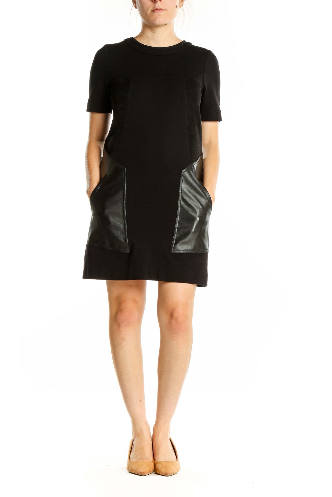 Front view of BCBG MaxAzria black mini dress with faux leather pockets