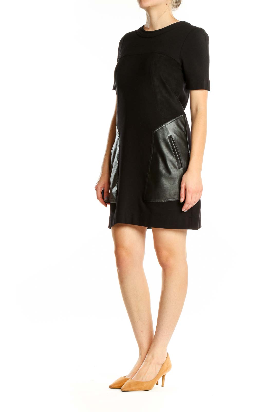 Front view of BCBG MaxAzria black mini dress with faux leather pockets