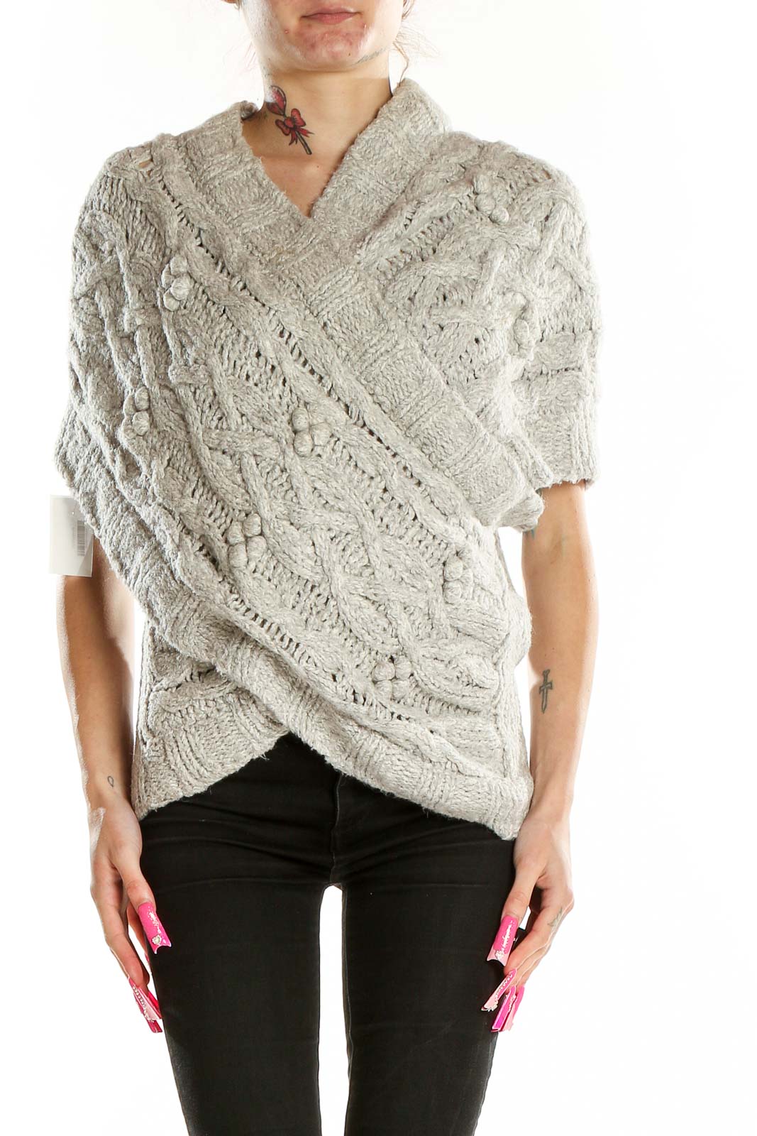 Front view of gray chunky knit wrap sweater by Sleeping on Snow