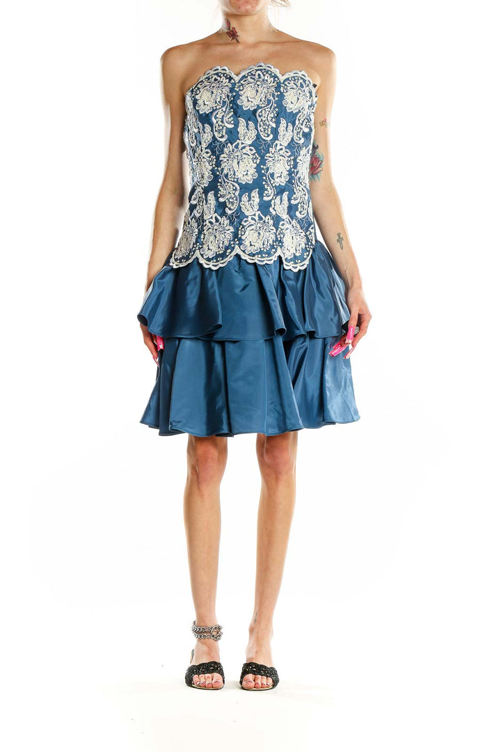 Blue Embroidered Sequin Mini Cocktail Dress