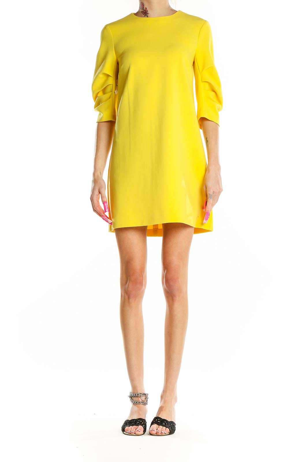 Front view of yellow Zara Woman mini dress with ruched sleeves