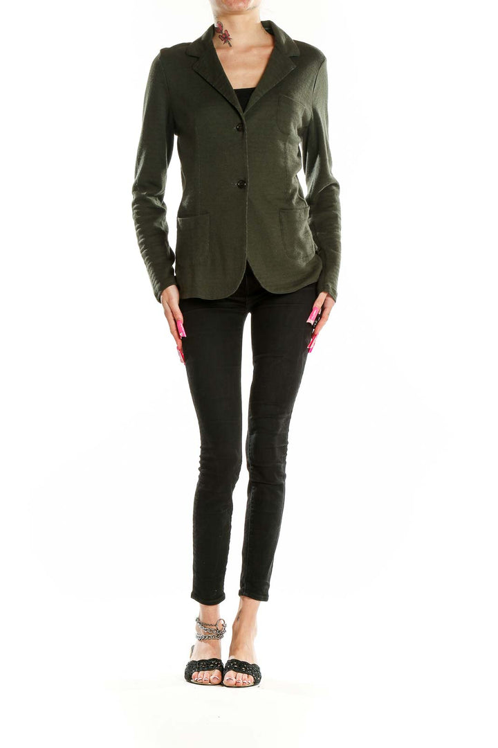 Front view of olive green cashmere blend blazer by Majestic Paris for Neiman Marcus