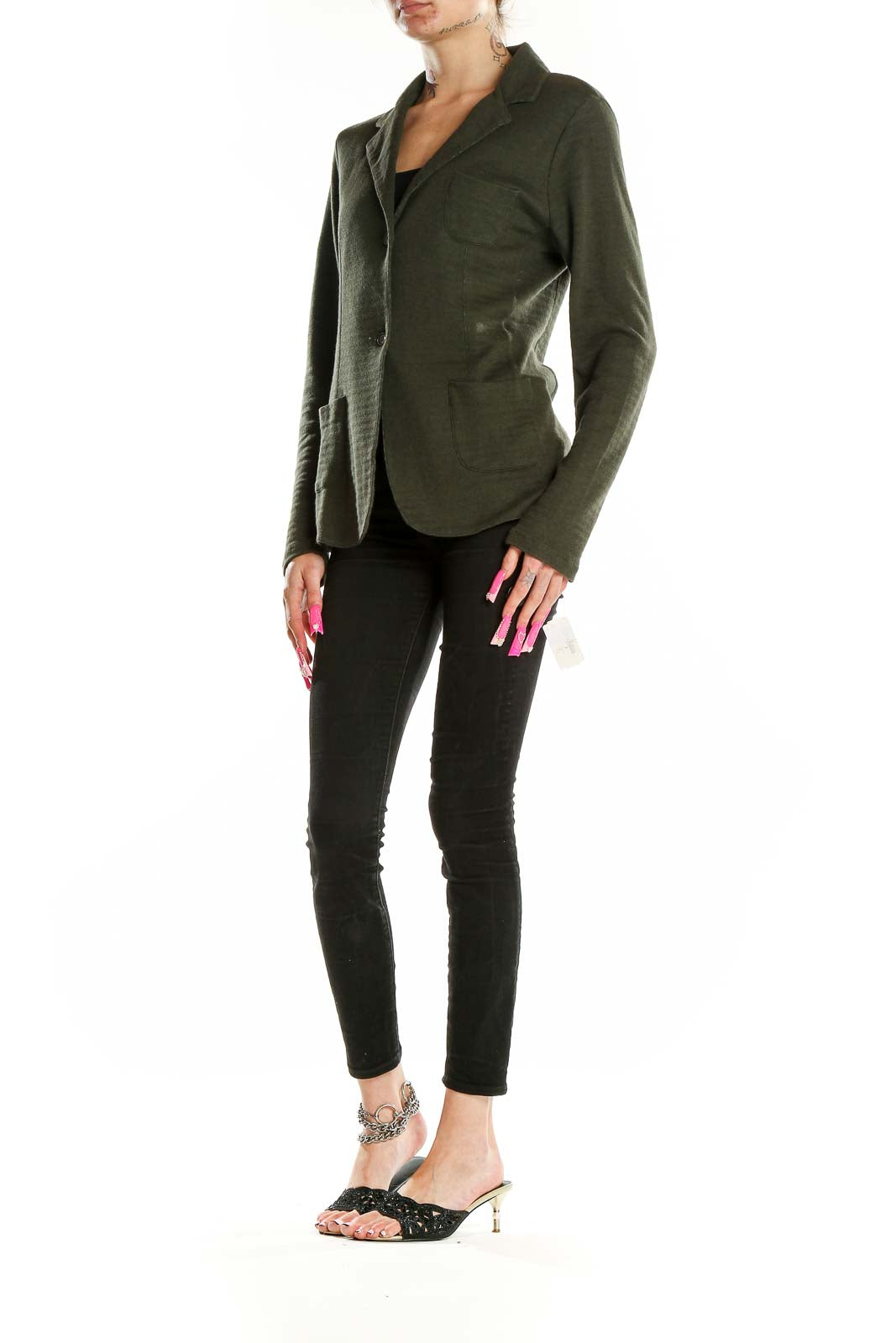 Front view of olive green cashmere blend blazer by Majestic Paris for Neiman Marcus