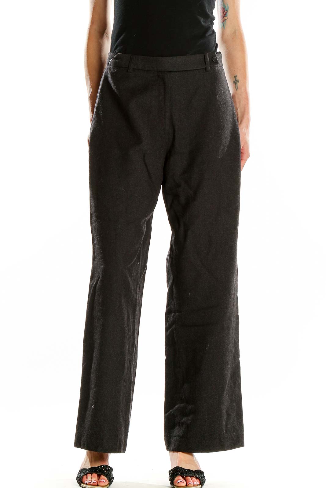 Front view of J.Crew black wide-leg trousers on model