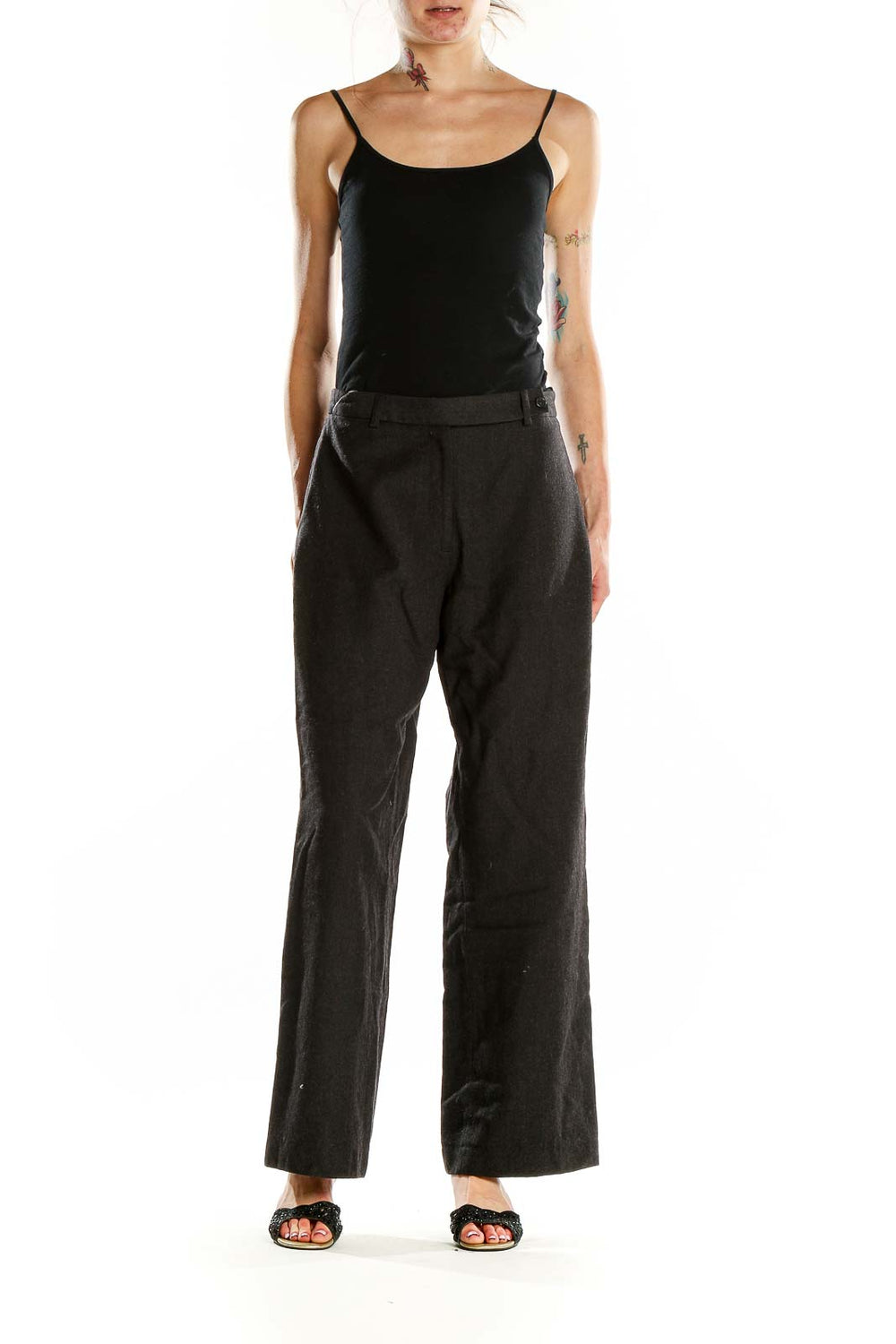 Front view of J.Crew black wide-leg trousers on model