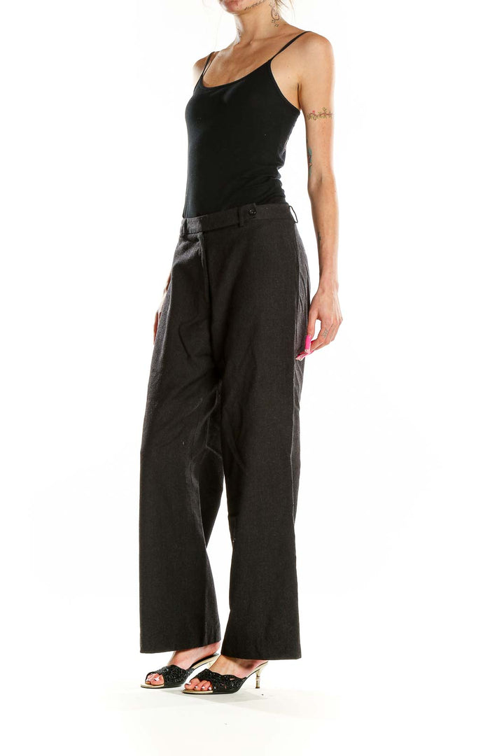 Front view of J.Crew black wide-leg trousers on model