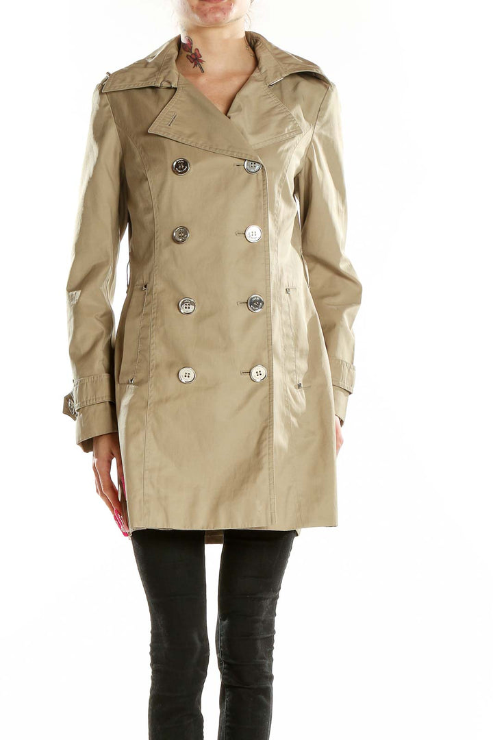 Front view of MICHAEL Michael Kors beige double-breasted trench coat