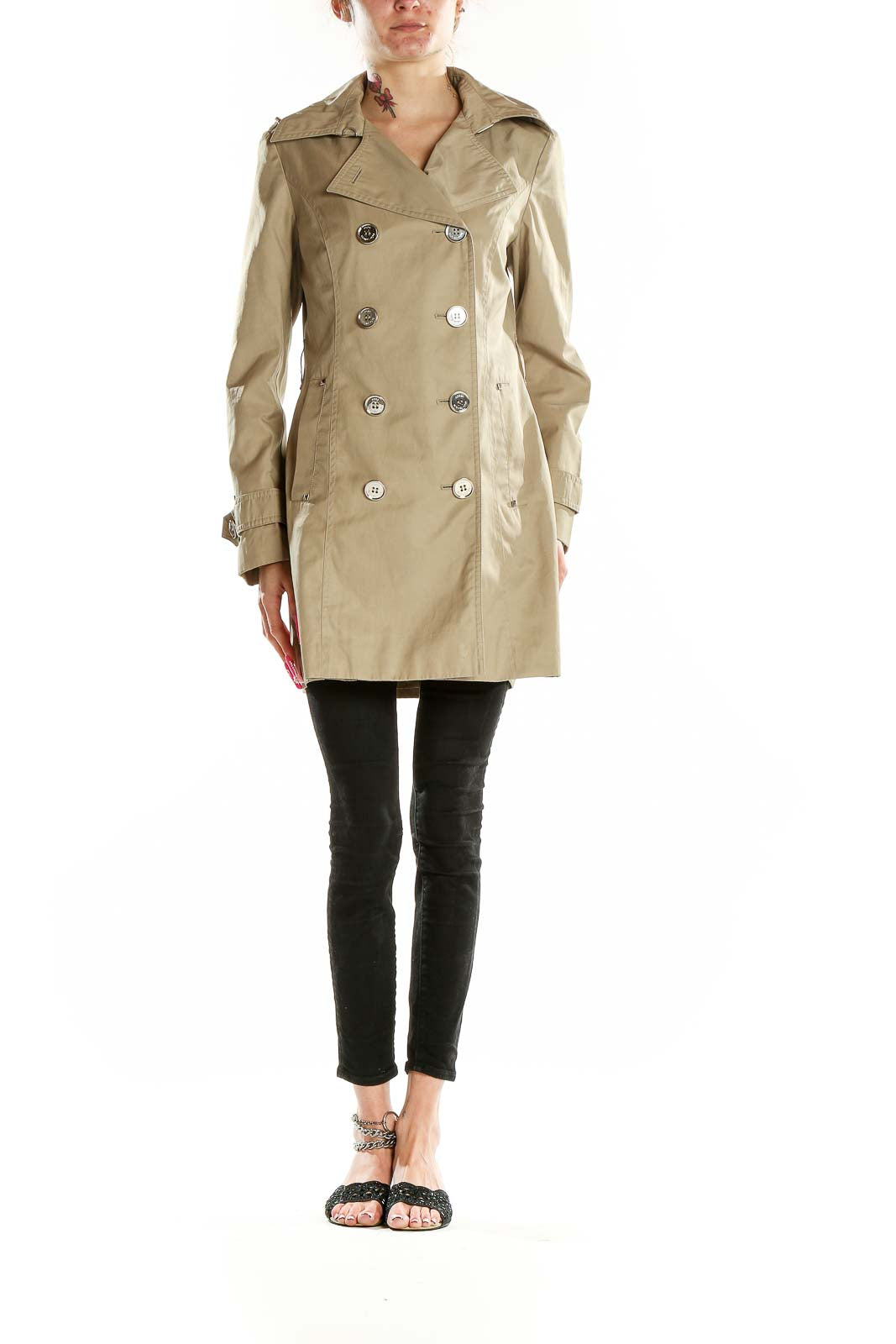 Front view of MICHAEL Michael Kors beige double-breasted trench coat