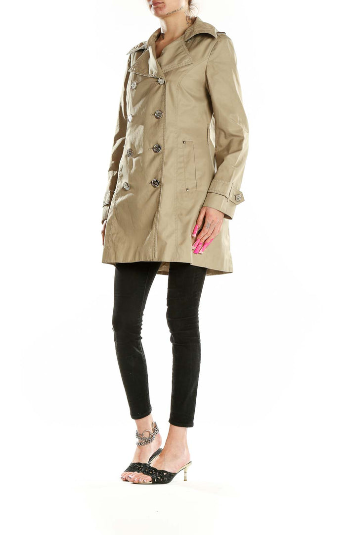 Front view of MICHAEL Michael Kors beige double-breasted trench coat