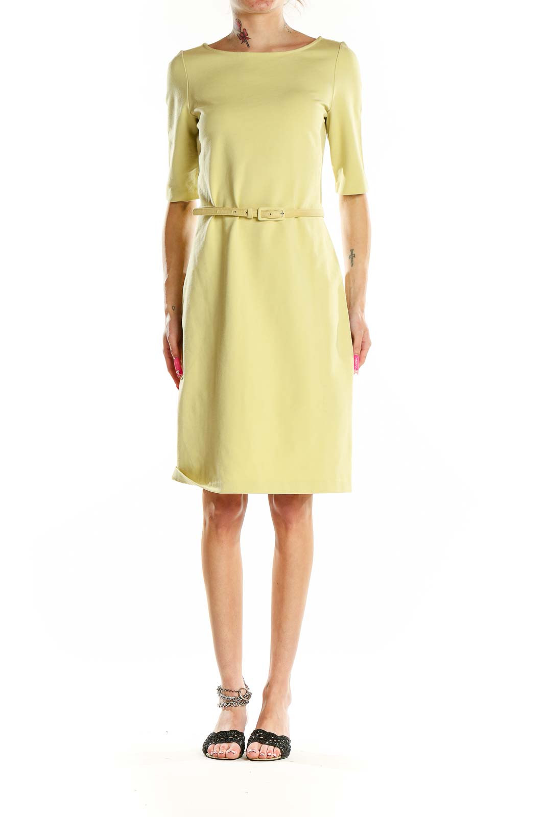 Yellow Belted Office Wear Dress