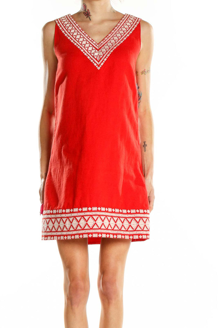 Red Metallic Embroidered A-Line Dress