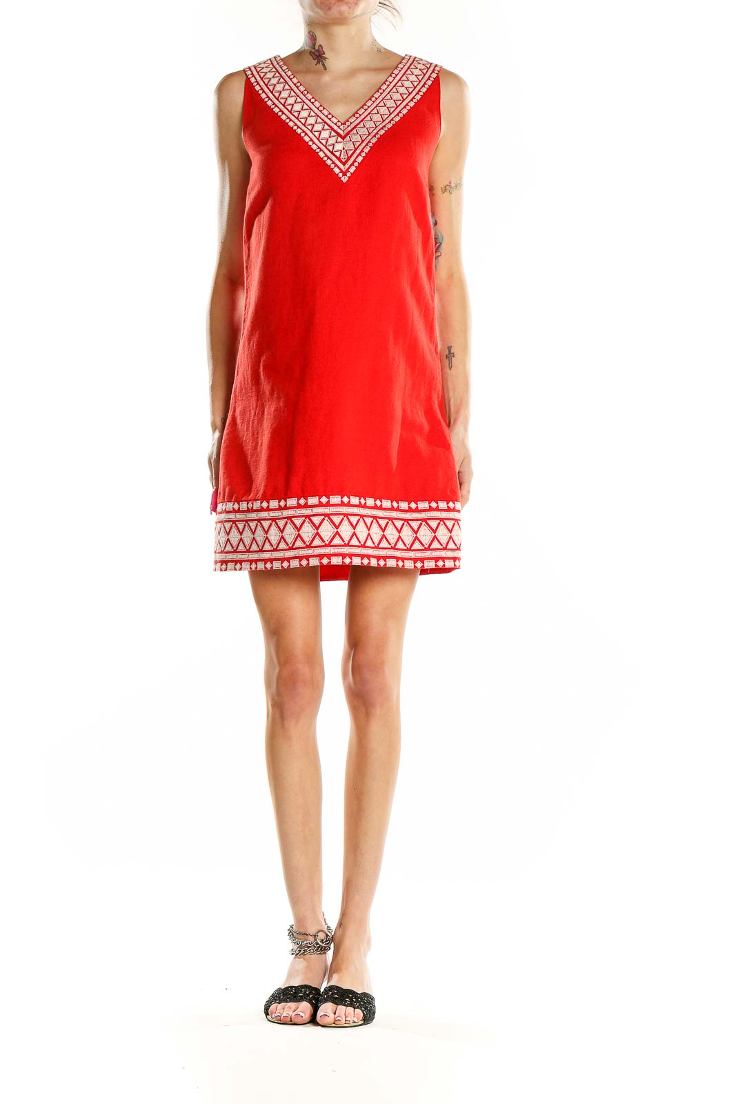 Red Metallic Embroidered A-Line Dress