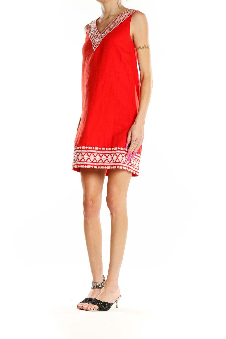 Red Metallic Embroidered A-Line Dress