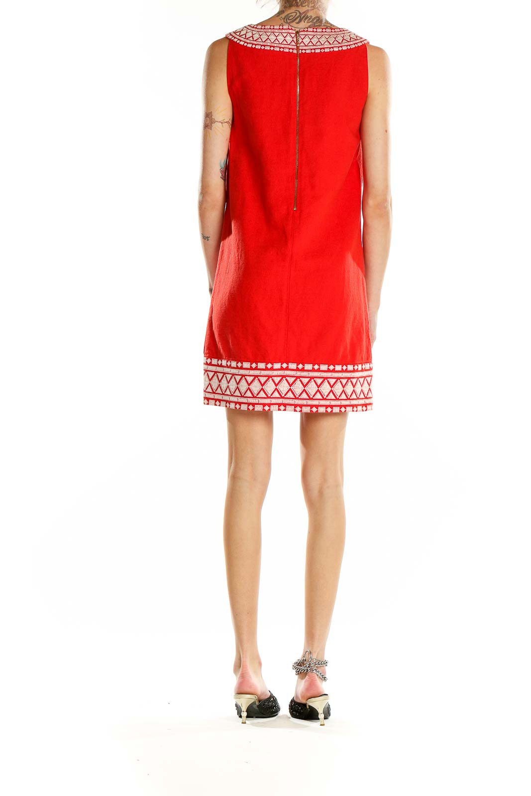 Red Metallic Embroidered A-Line Dress