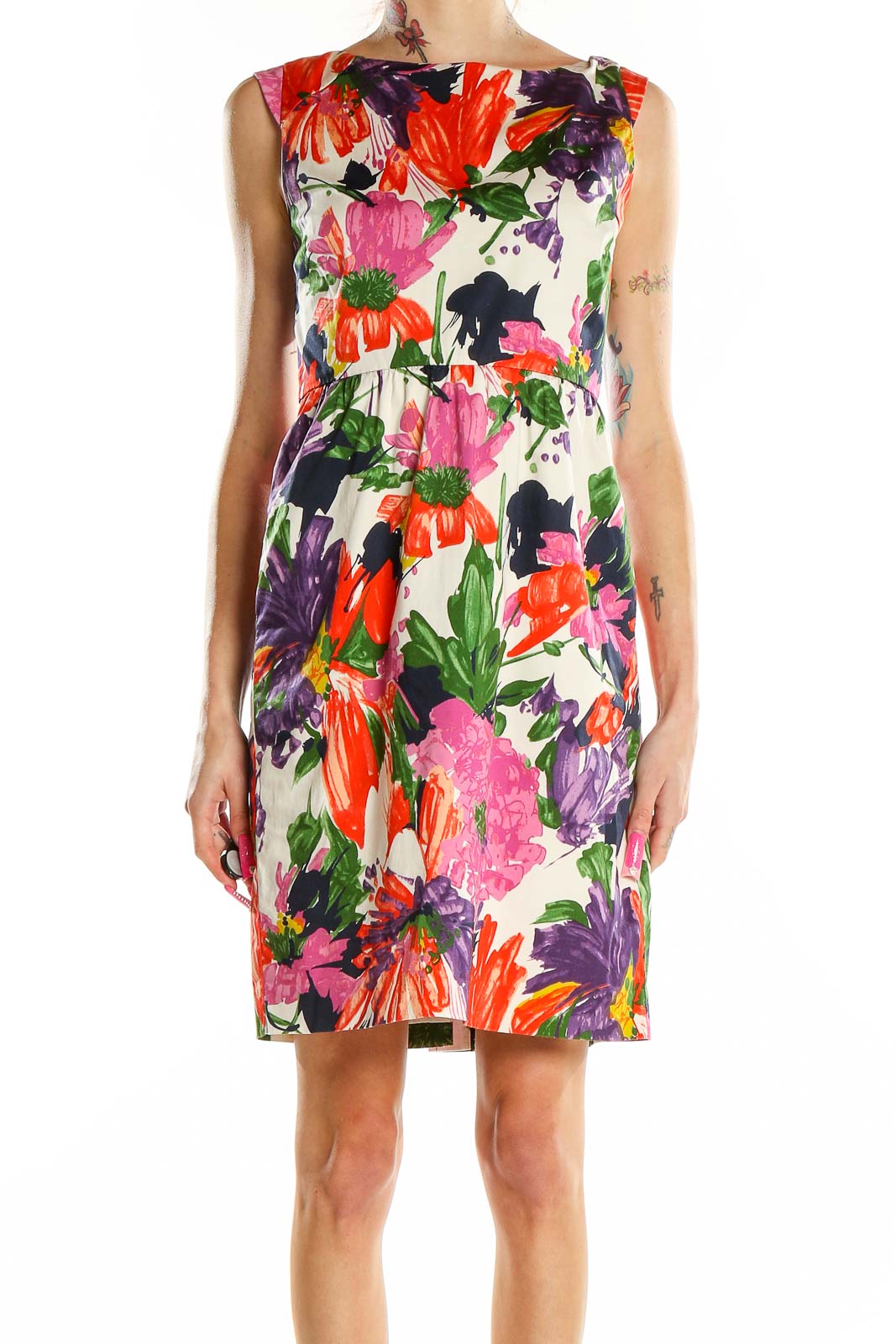 Front view of J.Crew multicolor floral sleeveless dress with vibrant red, pink, and purple flowers