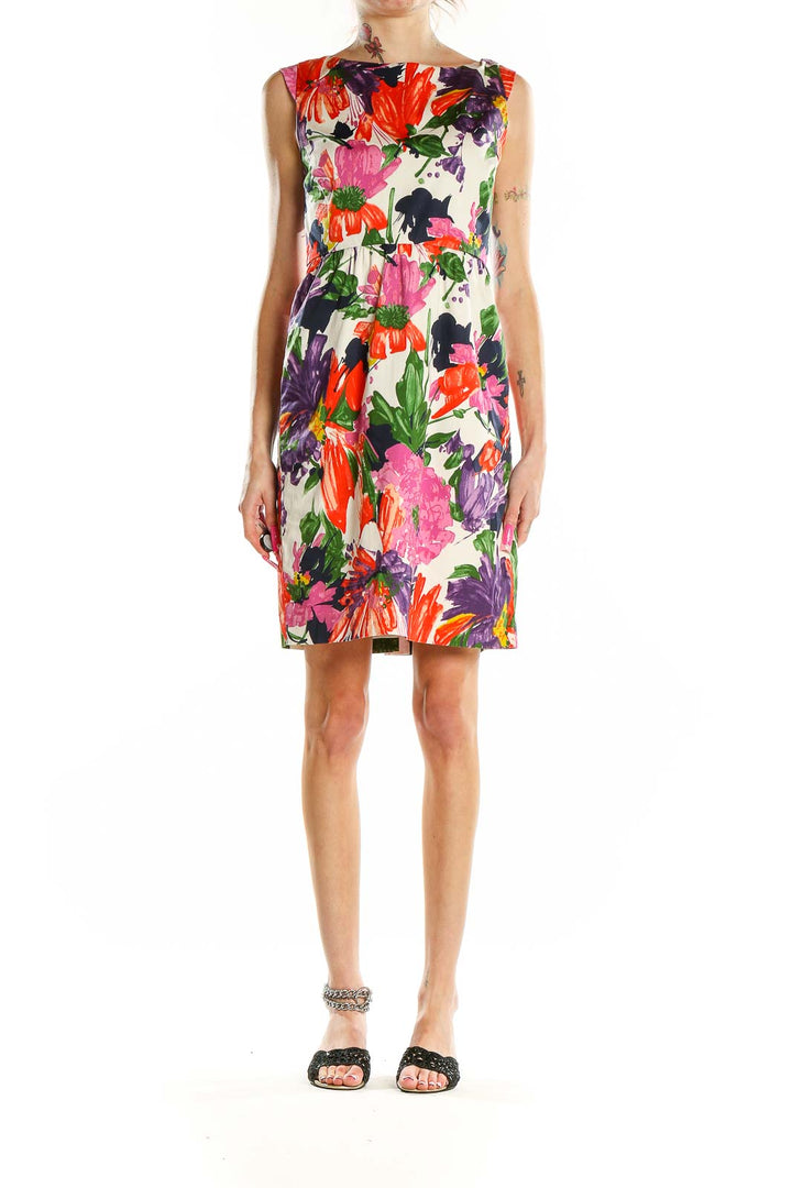 Front view of J.Crew multicolor floral sleeveless dress with vibrant red, pink, and purple flowers