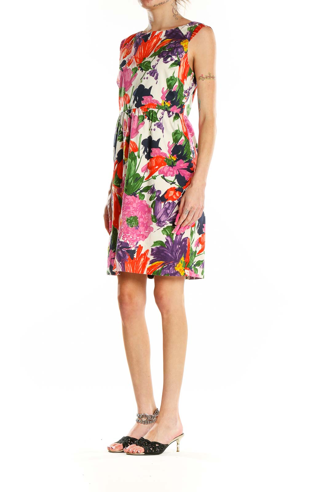 Front view of J.Crew multicolor floral sleeveless dress with vibrant red, pink, and purple flowers