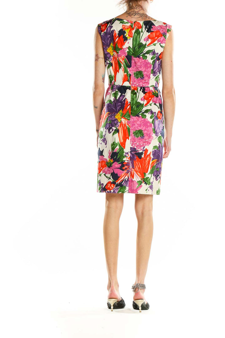 Back view of J.Crew multicolor floral sleeveless dress showing all-over print and fitted waist