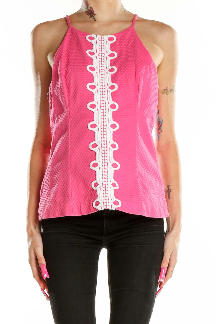 Front view of pink Lilly Pulitzer sleeveless top with white lace trim